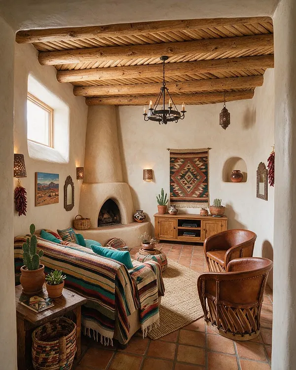 A cozy Southwestern-style basement living room with exposed log ceiling beams, white adobe-style walls, and a rounded kiva fireplace. The space includes a striped sofa with turquoise accents, leather chairs, terracotta tile flooring, woven textiles, and warm ambient lighting.