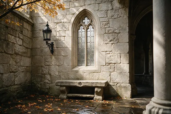 A Gothic-style stone courtyard with rough-hewn block walls, a pointed lancet window with leaded glass, and a carved stone bench beneath it. A black metal lantern is mounted on the wall, and fallen autumn leaves scatter across the dark stone floor.