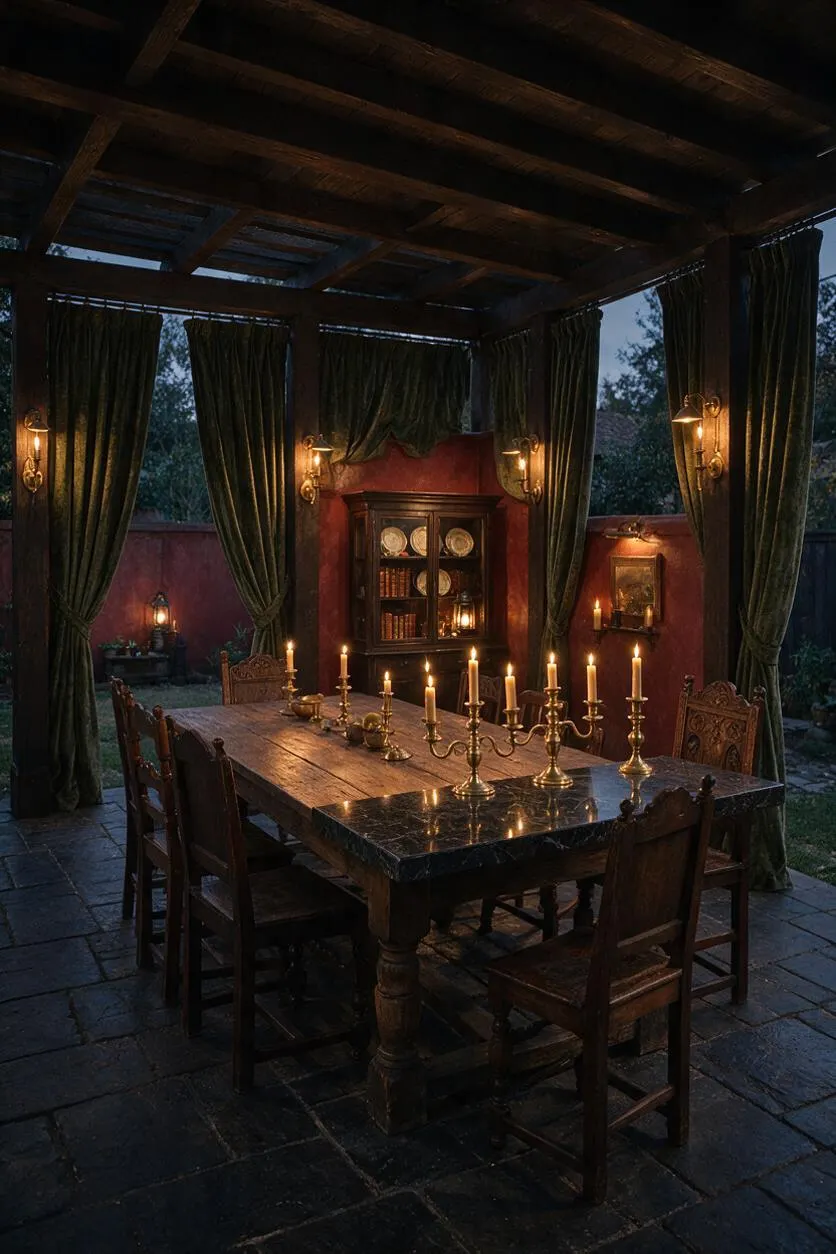 A covered backyard dining pavilion styled in Dark Academia, with heavy green drapes, a dark wood ceiling, and a deep red stucco wall. A long rustic table is set with brass candlesticks and antique wooden chairs, while a glass-front cabinet and wall sconces add a scholarly, atmospheric feel.