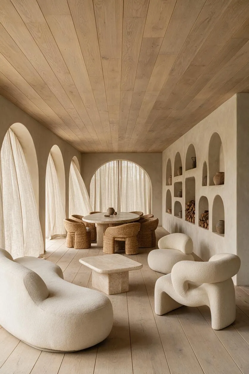 A serene organic modern patio with a pale wood plank ceiling, arched openings draped in sheer curtains, and a built-in wall of arched niches holding pottery and stacked firewood. The space includes a round stone dining table with woven chairs, a low stone coffee table, and plush sculptural cream lounge seating on light wood floors.