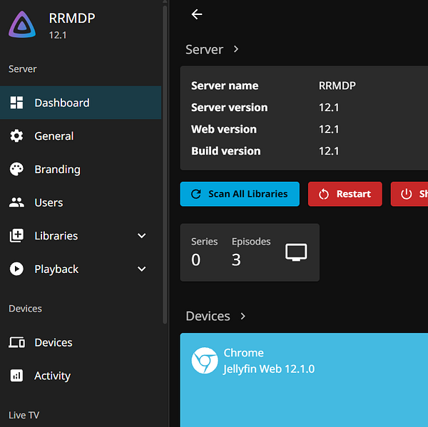 Dashboard interface of Jellyfin media server version 12.1 showing server details, control buttons, and device information.