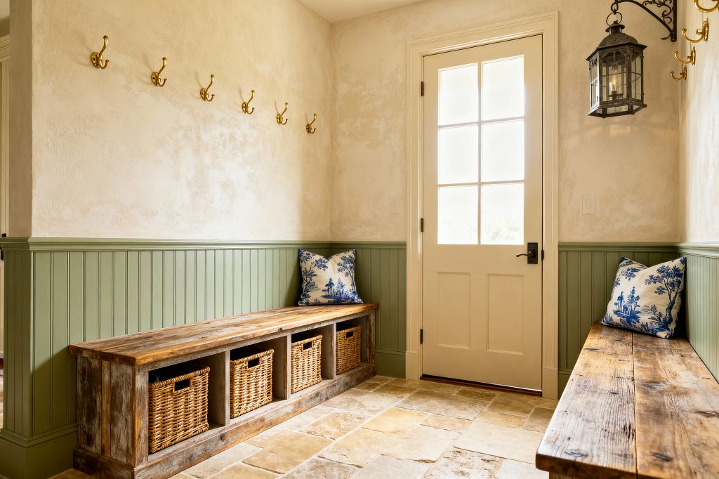 A French Country mudroom with sage green beadboard wainscoting beneath mottled cream plaster walls. Two rustic reclaimed-wood benches sit along adjacent walls, one with open cubbies holding woven baskets. Brass coat hooks line the wall, and a black iron lantern hangs near a cream French door with divided glass panes. The floor is tumbled limestone in warm beige tones, and blue-and-white toile pillows add soft color.