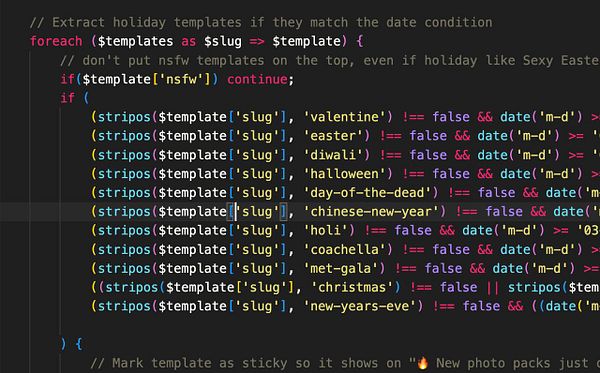The image displays a snippet of code related to holiday template extraction.
