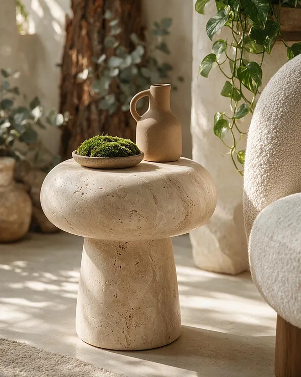 A sculptural biophilic side table with a rounded stone-like pedestal base and a thick mushroom-shaped top in a warm beige finish. A small shallow bowl of green moss and a matte clay pitcher sit on the surface, surrounded by trailing plants and soft sunlight.