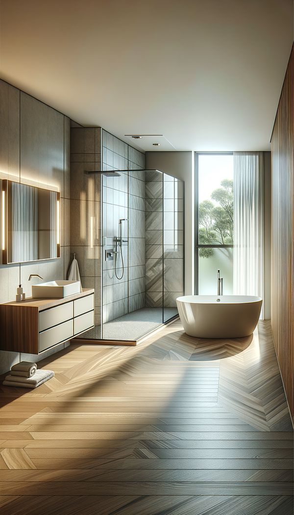 An elegant bathroom with modern bath fixtures, including a sleek freestanding tub, a floating vanity with a basin sink, and a large walk-in shower with glass doors.