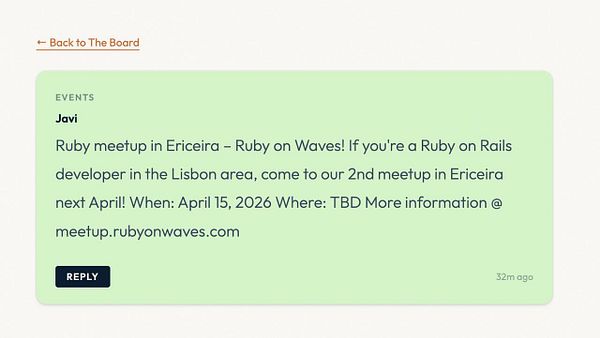 Screenshot of a social media post promoting a Ruby Meetup event in Ericeira with event details and user comments.
