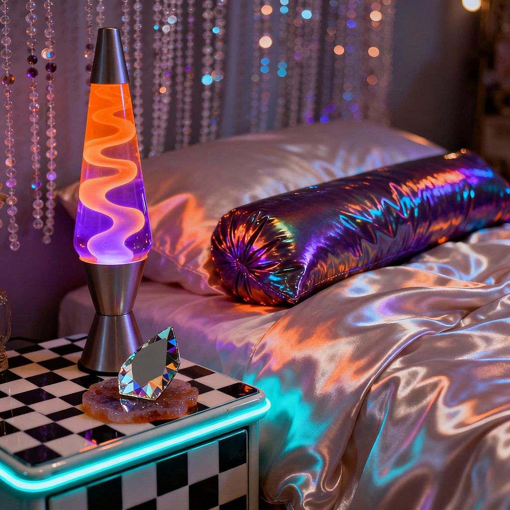 A close-up of a psychedelic bedroom nightstand and bed. A cone lava lamp with orange and purple liquid sits on a glossy black-and-white checkerboard table edged with cyan LED light. Beside it, a teardrop crystal on an agate base sparkles. The bed is made with champagne satin sheets and a long holographic bolster pillow. Clear beaded curtain strands hang in the background, catching multicolored reflections from the lighting.