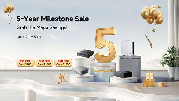 A promotional image for a 5-Year Milestone Sale featuring various electronic products and celebratory elements.