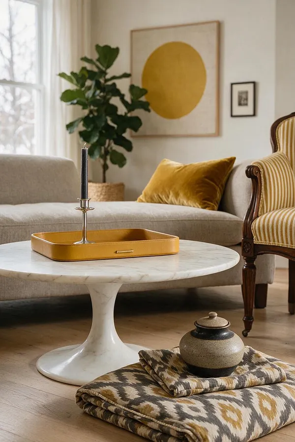 A cozy eclectic living room with a light beige sofa, a striped accent chair, and a round white marble coffee table on a pedestal base. The room includes a mustard velvet pillow, a yellow tray with a black candle, a large abstract yellow circle artwork, a potted fiddle leaf fig, and folded patterned textiles on the floor beside a ceramic jar.