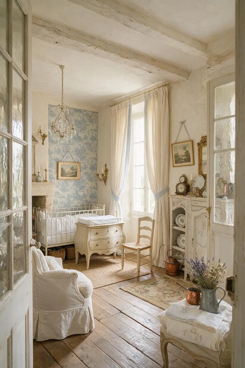 A charming French Country nursery with exposed wood ceiling beams, pale plaster walls, and a blue toile accent wall behind a white crib. Cream curtains frame a tall window, while antique-style furniture, a small chandelier, framed artwork, woven textures, and a vintage rug create a soft, elegant atmosphere.