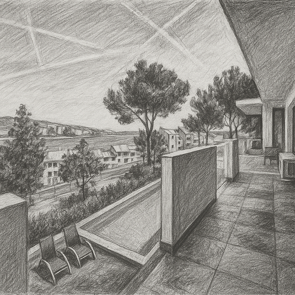 A detailed pencil sketch of a balcony overlooking a scenic view.