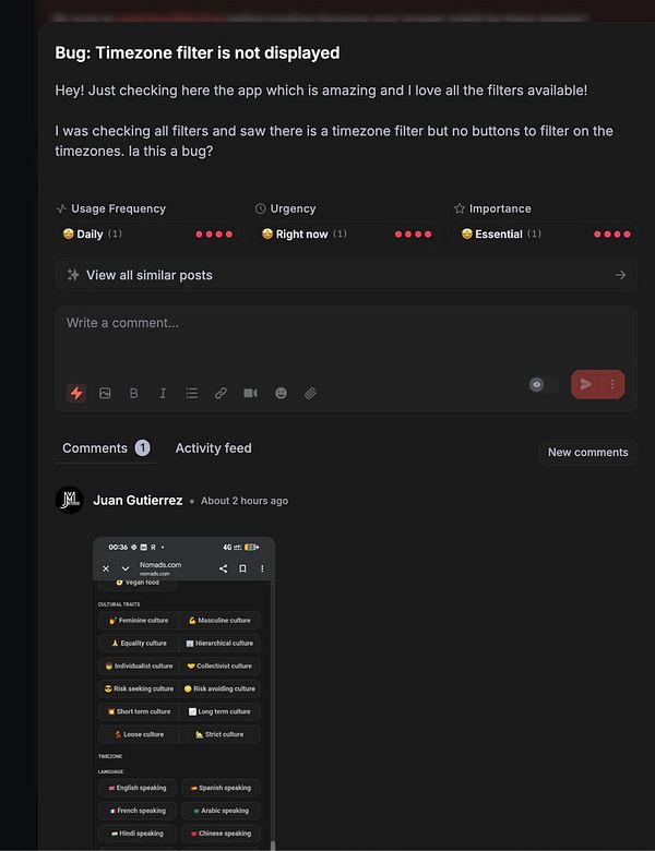 Screenshot of a web interface labeled 'Nomads' showing items filtered by timezone settings with options for selection and a sidebar menu.