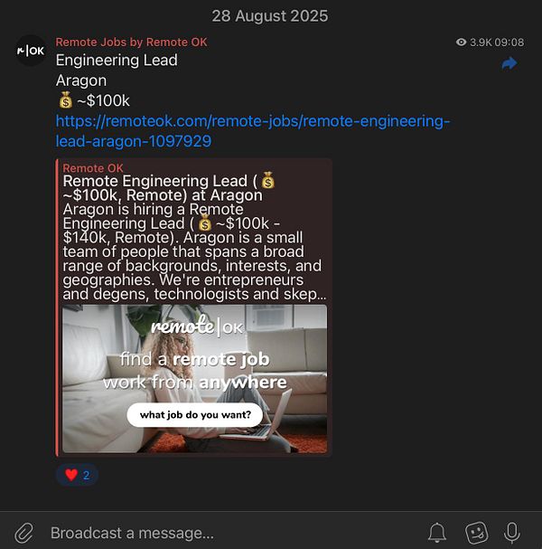 Screenshot of a job alert for a Pineapple House job at RemoteOK with tags and options shown in a web interface.