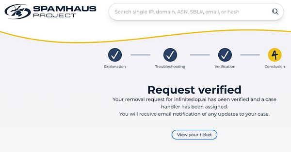 Screenshot of Spamhaus website's Blocklist Removal Center focused on delisting domains/IPs from the Spamhaus DBL and SBL-ZEN blocklists.