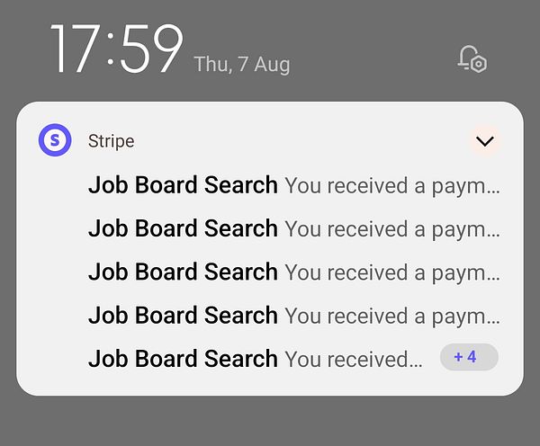 The image displays a notification panel from a mobile device showing multiple payment notifications from Stripe.