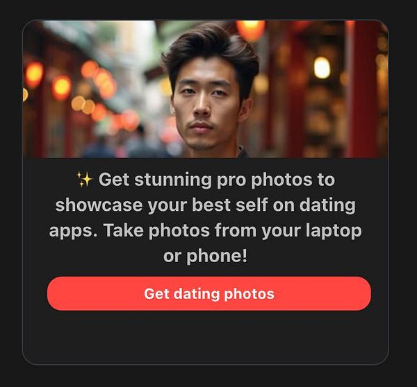An advertisement promoting professional photography services for dating apps.