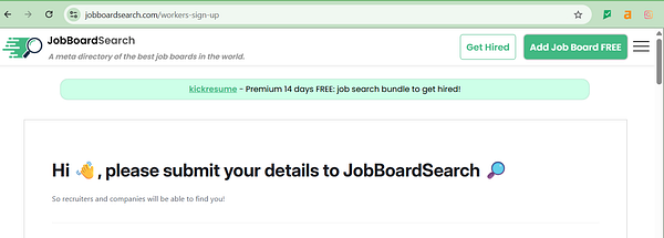 The image displays a webpage for JobBoardSearch, inviting users to submit their details.