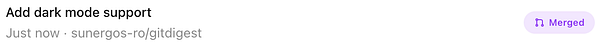 The image displays a task notification related to a code merge for dark mode support.