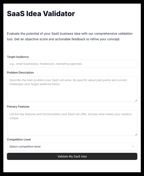 The image displays a user interface for a SaaS Idea Validator tool.