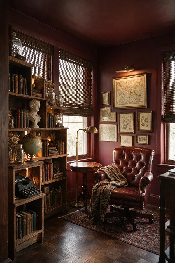 A moody sunroom styled as a Dark Academia reading nook, with burgundy walls, dark wood floors, and tall windows fitted with woven blinds. A leather wingback chair sits on a patterned rug beside a brass floor lamp and small round table, while open wooden shelves hold books, a globe, a typewriter, bust sculpture, and framed botanical and map art.