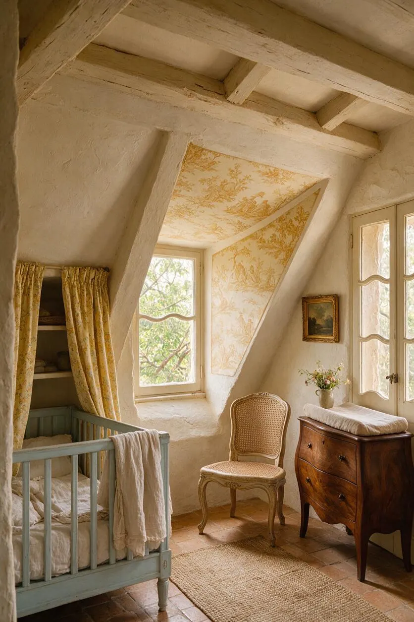 A cozy French Country nursery with a pale blue wooden crib tucked beside built-in shelves and floral curtains, set under rustic whitewashed beams and sloped ceilings. The room includes a cane-back chair, a warm wood dresser with a changing pad, a small floral arrangement, and soft natural light from curved French windows.