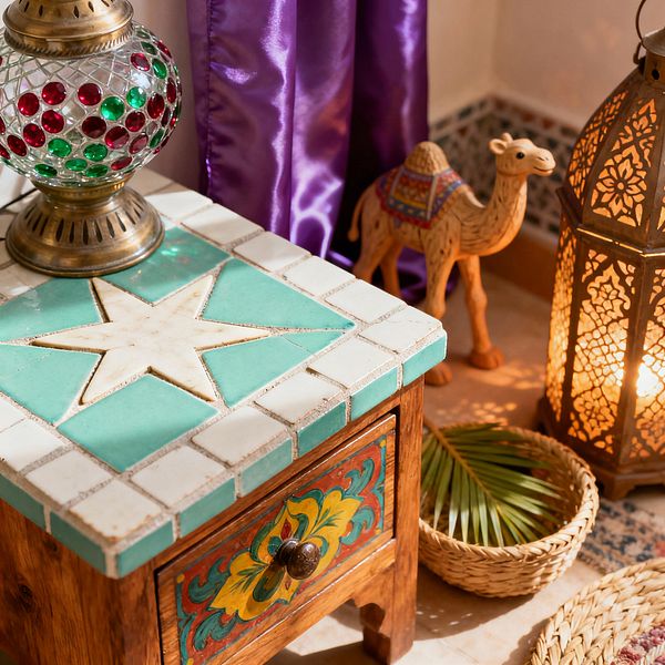 Close-up of a Moroccan-style kids' room corner featuring a small wooden nightstand with a mint and white star-patterned zellige tile top. A mosaic glass lamp with red and green jewels on a brass base sits on the table beside a glowing pierced brass floor lantern; a carved camel figurine, a purple satin curtain, a woven straw basket holding a palm frond, patterned border tiles, and a colorful woven rug complete the cozy scene.