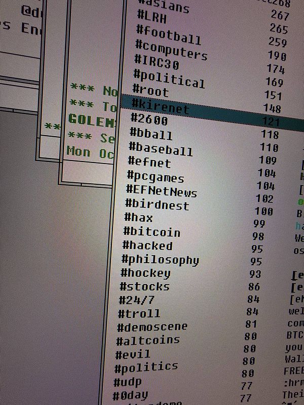 The image displays a close-up view of a computer screen running a text-based interface with various channels and their respective message counts.