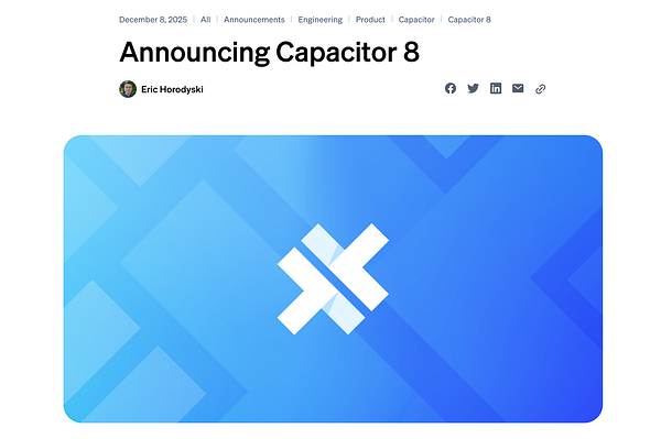 The image features a promotional announcement for Capacitor 8.