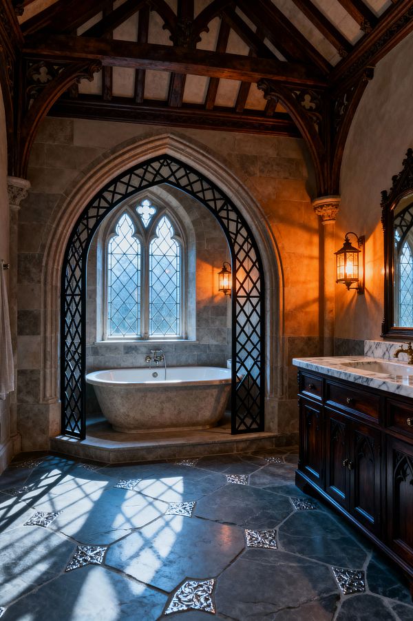 Cathedral-like bathroom with a freestanding stone bathtub set on a raised plinth within a pointed stone arch. Two leaded-glass lancet windows brighten the niche, flanked by wrought-iron lattice screens and warm bronze wall lanterns. Dark timber trusses and carved corbels span the ceiling. At right, a carved dark-wood vanity with a white marble countertop stands above a blue-gray stone floor inlaid with decorative metallic tiles.