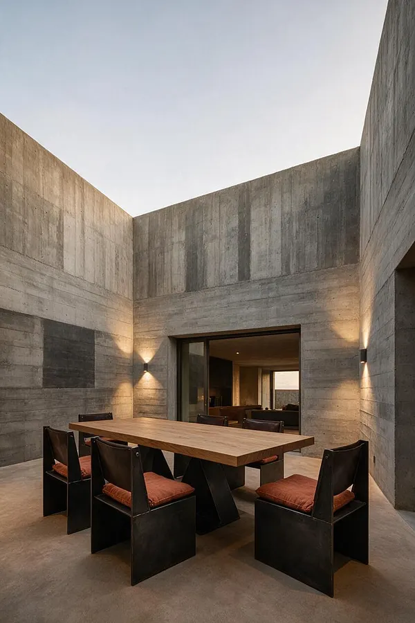 A stark Brutalist backyard courtyard with tall raw concrete walls surrounding a simple outdoor dining area. A rectangular wood dining table is paired with black angular chairs and rust-colored cushions, while warm wall sconces cast a soft glow against the gray surfaces.