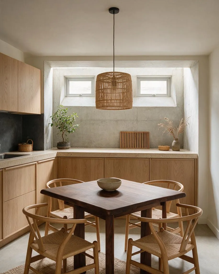 A compact basement dining area styled in Japandi minimalism, with light wood cabinets, a dark wood square table, woven chairs, and a large rattan pendant lamp. A small recessed window area brings in soft daylight, highlighting the concrete wall, neutral finishes, and simple decorative plants.