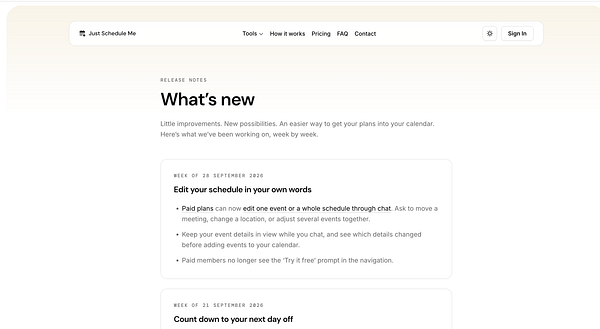 Webpage displaying a changelog with release notes for an app called Just Schedule Me.