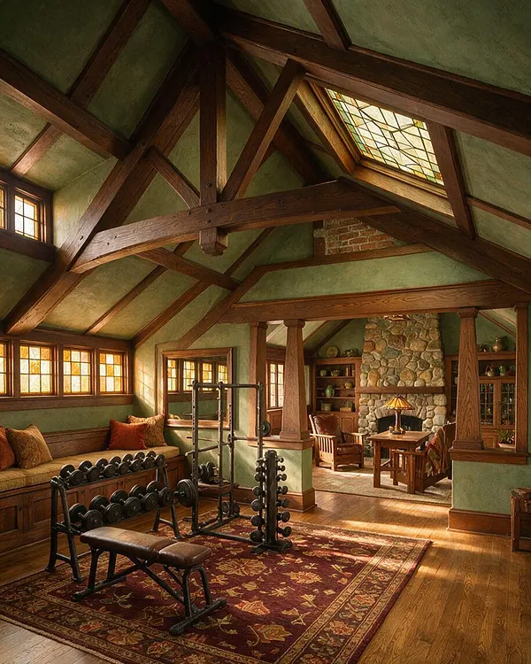 A Craftsman-style home gym with exposed dark wood beams, green plaster walls, stained glass clerestory windows, and warm hardwood floors. Exercise equipment sits on a patterned red rug beside built-in seating, while a stone fireplace and cozy lounge area add a rustic, lodge-like atmosphere.