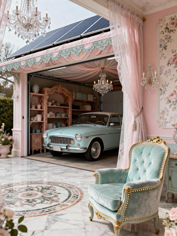 A luxurious garage space featuring a vintage car, elegant decor, and a pastel color scheme.