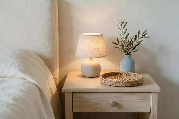 A serene bedroom vignette shows a light wood nightstand beside a bed with white bedding and a tall upholstered headboard. On the nightstand sit a small table lamp with a linen shade, a pale blue vase holding olive branches, and a woven tray, all against soft neutral walls.