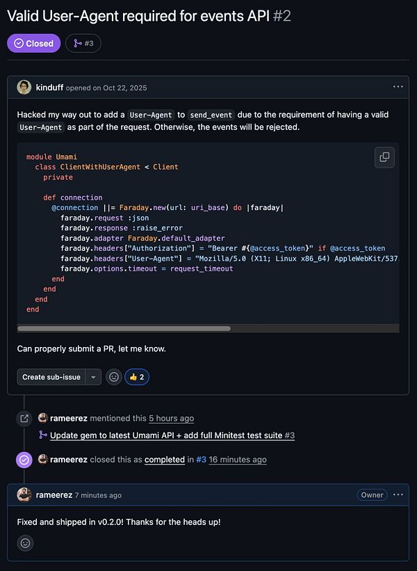 Illustration of a person with glasses looking at a large floating smartphone screen surrounded by dark foliage, related to an Umami Ruby gem release.