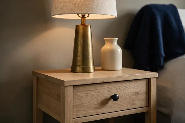 A farmhouse-style nightstand with a light oak finish sits beside a bed, topped with a brass table lamp and a small white ceramic vase. A dark navy throw hangs over the bed, while the warm neutral wall and soft lamp glow create a cozy, understated bedroom vignette.