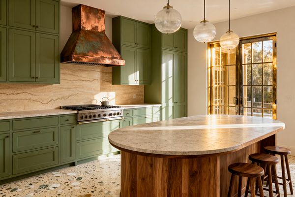 A sunlit transitional kitchen with sage green Shaker cabinets and a large patinated copper range hood above a stainless range. The L-shaped perimeter features a full-height travertine backsplash and honed light limestone countertops. A curved walnut island with three matching stools sits beneath ribbed glass globe pendants. Brass-framed glass doors open to the outside, illuminating a terrazzo floor with green and white aggregate.