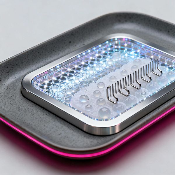 Close-up of a futuristic drip tray for a mudroom, showing a speckled gray outer tray with rounded corners and a pink perimeter glow. Inside is a brushed stainless steel rectangle surrounding a faceted acrylic grid illuminated by cool white and blue LEDs. A white foam insert with visible water droplets sits on top alongside a slim, comb-like metal piece, conveying drainage, drying, and sleek organization in a high-tech aesthetic.