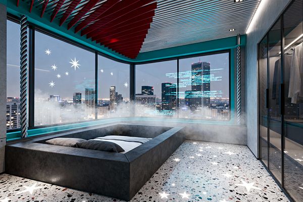A futuristic bedroom with a sunken bed set into a dark concrete platform faces wraparound floor-to-ceiling windows overlooking a night city skyline with holographic code and star graphics. The room features teal window frames with cyan LED lighting, a ribbed red canopy beneath metallic slatted ceiling panels, twisted steel columns, a terrazzo floor with glowing star inlays, drifting mist near the glass, and a glass-front wardrobe lit from within on the right.