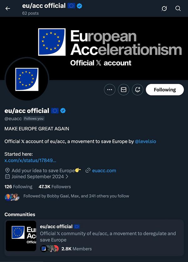 The image displays a Twitter profile for the account 'eu/acc official'.