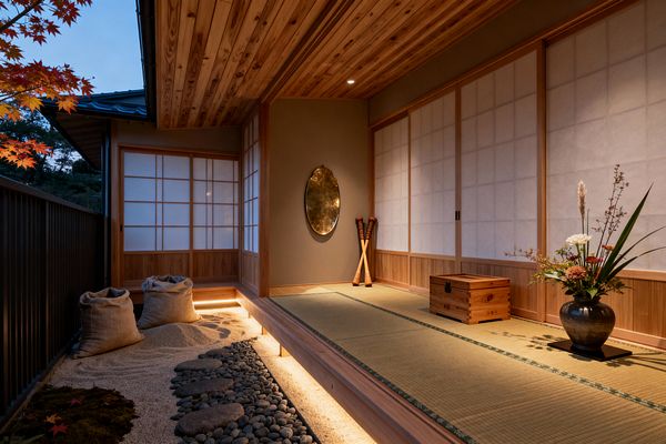 A Japanese-style home gym with a raised tatami platform framed in cedar, underlit with warm LEDs, and enclosed by translucent shoji doors. An oval brass-toned mirror hangs on the wall and two wooden Indian clubs lean in the corner. Beside the platform is a dry garden of raked sand, river stones, and moss with burlap sacks. A small cedar chest and a dark glazed vase holding an ikebana arrangement sit on the mat at dusk.