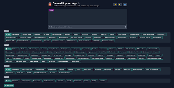 The image displays the interface of the Canned Support App, showcasing various preset options for customer support tasks.