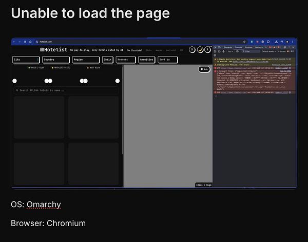 Screenshot of Hotelist.com failing to load on Omarchy OS with Chromium browser, showing error messages in developer console.