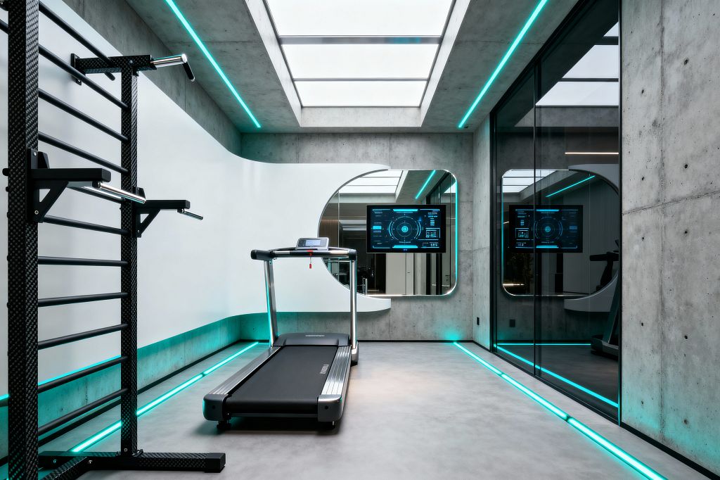 A compact, high-tech home gym with exposed concrete walls and a smooth gray floor centers on a treadmill. To the left is a black wall-bar station with chrome handles against a sculptural white panel. Turquoise LED strips run recessed along the ceiling and floor, while a wall-mounted digital display sits by a rounded-corner mirror cutout. Smoked glass panels on the right reflect the teal lighting, creating a clean, futuristic atmosphere.