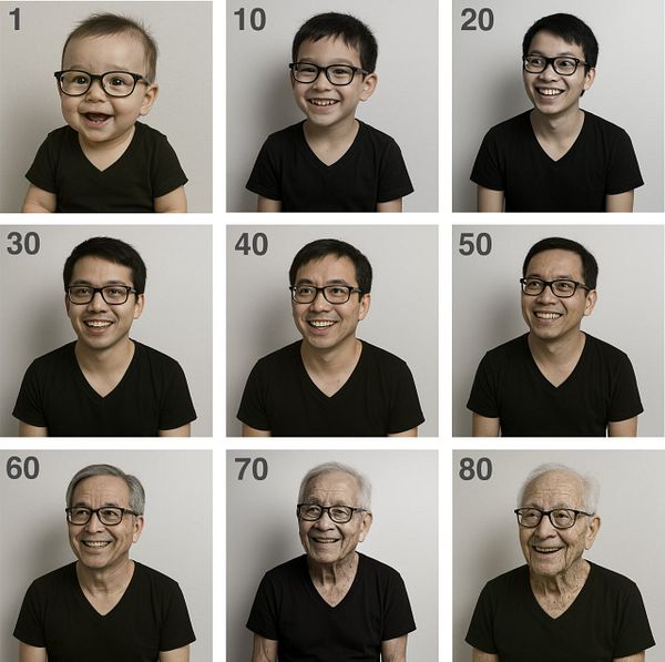 A grid of portraits depicting a person's face at different ages from infancy to old age.