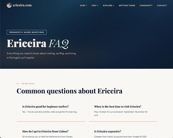Screenshot of a webpage editor interface displaying a settings panel and a webpage preview of the FAQ page with subpages.