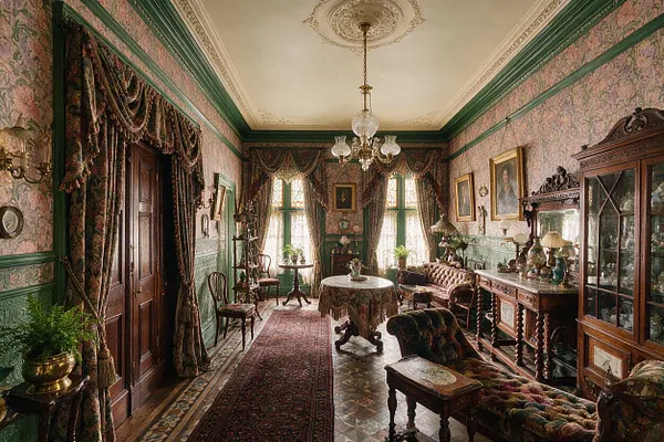 A richly decorated Victorian-style studio apartment with floral wallpaper, deep green trim, heavy patterned drapes, and dark carved wood furniture. The room features a chandelier, tufted seating, framed artwork, a glass-front cabinet, and a central round table over patterned flooring and a long rug.