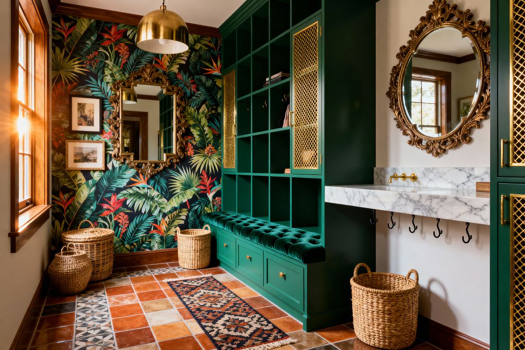 A maximalist mudroom with deep green built-in cubbies and drawers features a tufted velvet bench, brass mesh cabinet doors, and ornate gilded mirrors against bold tropical-leaf wallpaper. Terracotta and patterned tiles with a narrow kilim runner lead to a floating white marble sink with a brass wall-mount faucet and black hooks, while woven rattan baskets and warm afternoon light from a wood-trimmed window under a brass dome pendant complete the scene.