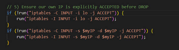 The image displays a code snippet related to firewall configuration using iptables.
